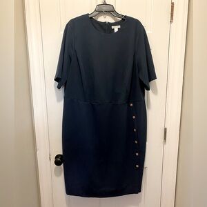 London Times Navy Short Sleeved Sheath Dress with Faux Button Detail